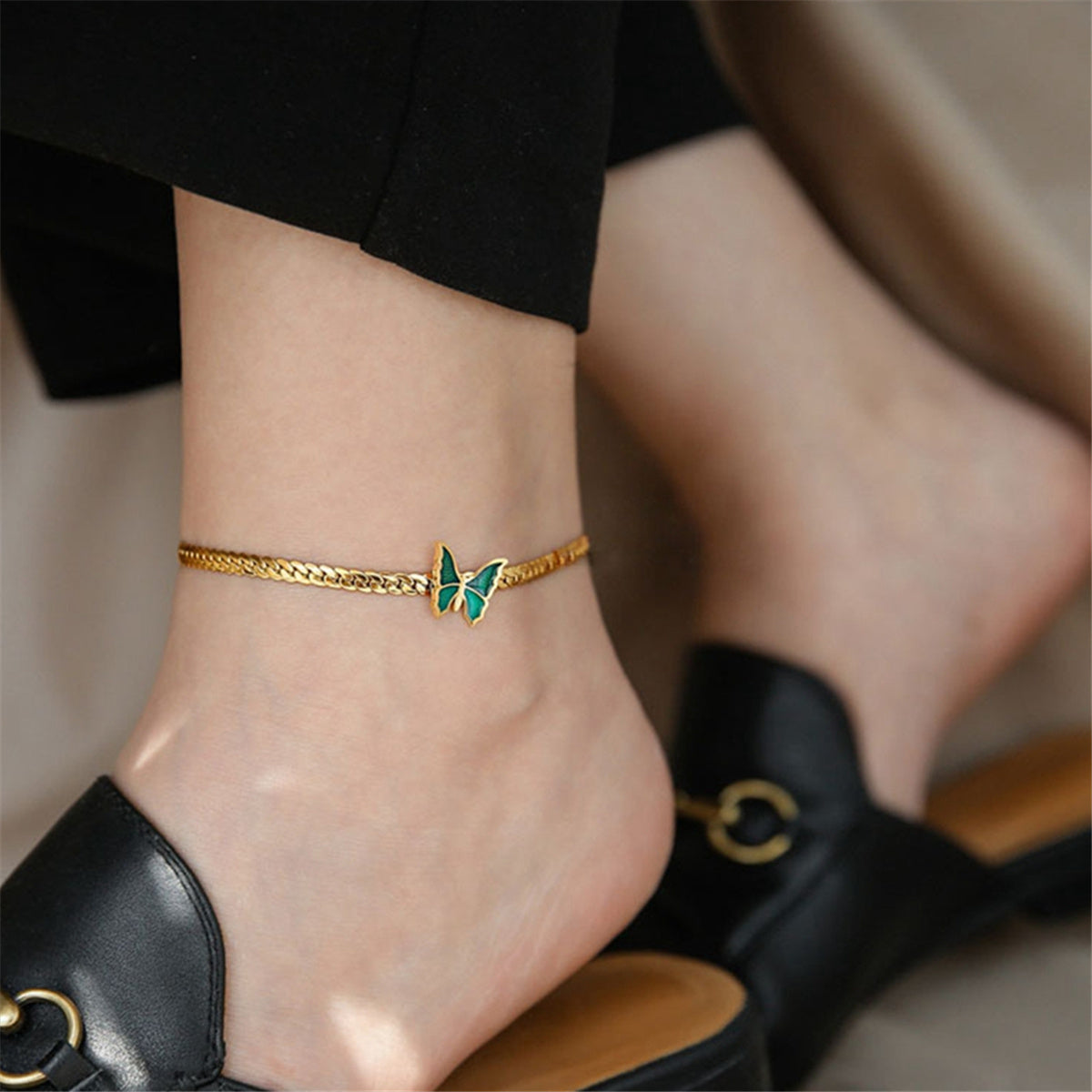 Green Enamel and 18K Gold-Plated Butterfly Charm Anklet, gold anklet bracelet, elegant gift for her, styled look