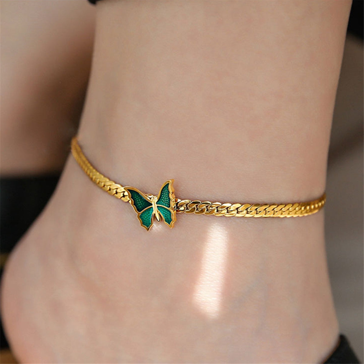 Green Enamel and 18K Gold-Plated Butterfly Charm Anklet, gold anklet bracelet, elegant gift for her, side view
