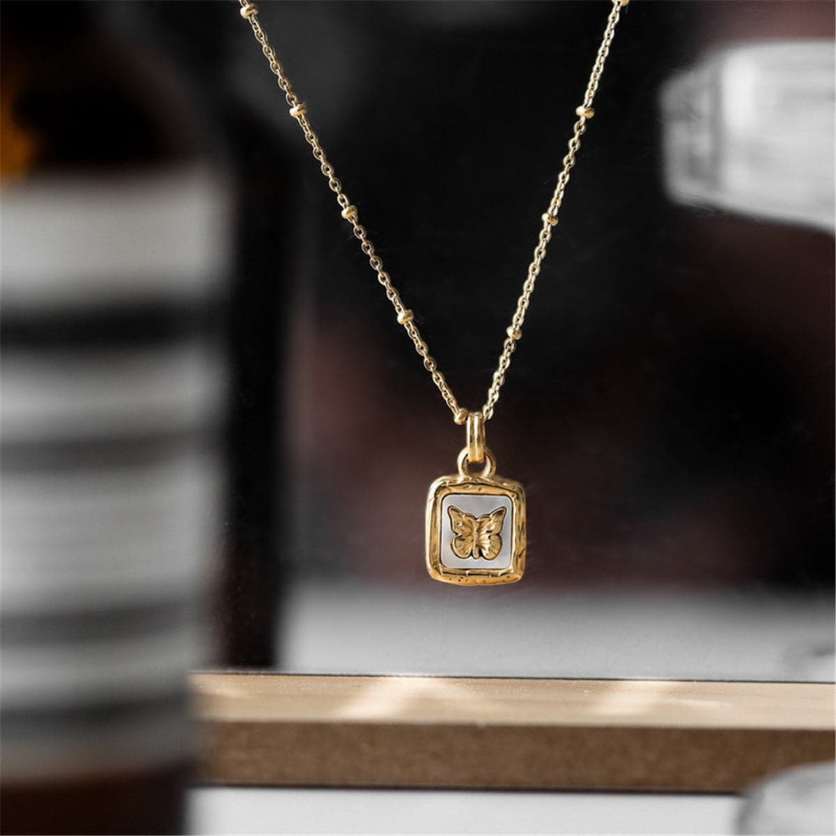 Shell and 18K Gold-Plated Square Butterfly Pendant Necklace, gold pendant necklace for women, front view