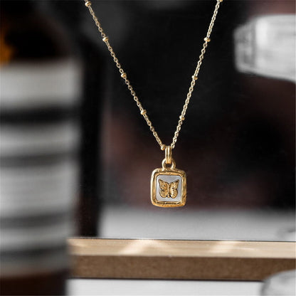 Shell and 18K Gold-Plated Square Butterfly Pendant Necklace, gold pendant necklace for women, front view