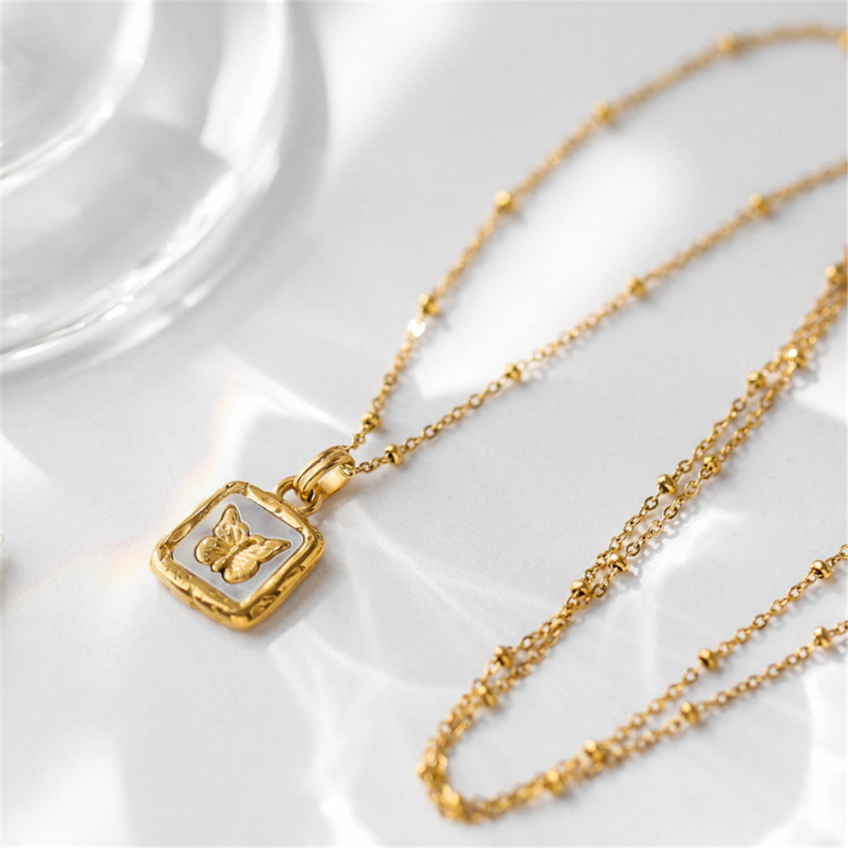 Shell and 18K Gold-Plated Square Butterfly Pendant Necklace, gold pendant necklace for women, elegant gift for her, side view