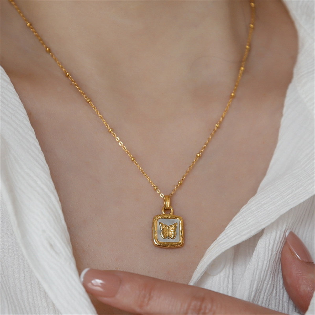 Shell & 18K Gold-Plated Square Butterfly Pendant Necklace