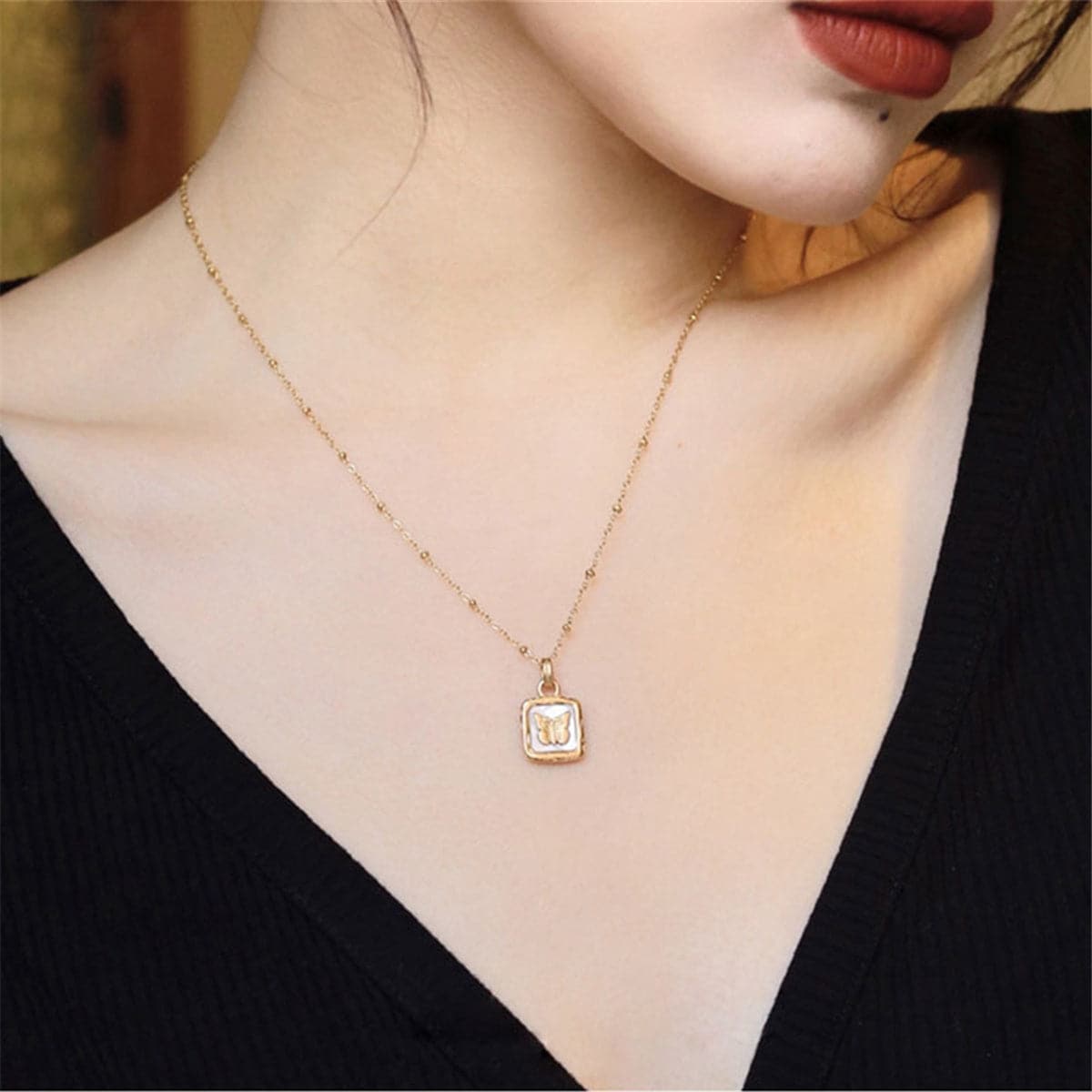 Shell and 18K Gold-Plated Square Butterfly Pendant Necklace, gold pendant necklace for women, detail close-up