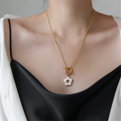 Shell and 18K Gold-Plated Flower Pendant Necklace, gold pendant necklace for women, vintage-inspired design, lifestyle look
