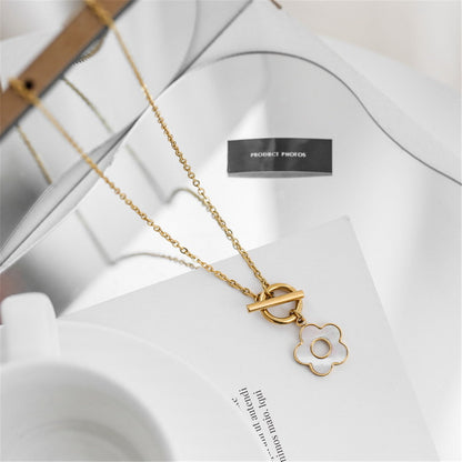 Shell and 18K Gold-Plated Flower Pendant Necklace, gold pendant necklace for women, vintage-inspired design, styled look