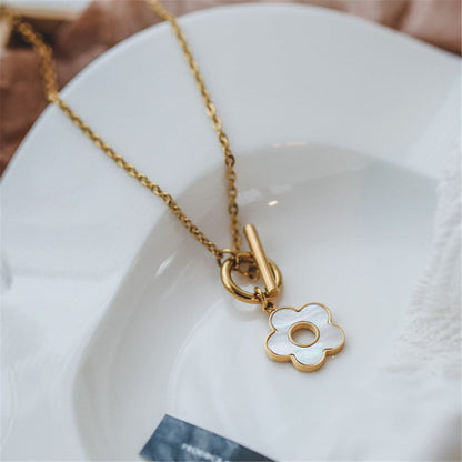 Shell and 18K Gold-Plated Flower Pendant Necklace, gold pendant necklace for women, vintage-inspired design, front view