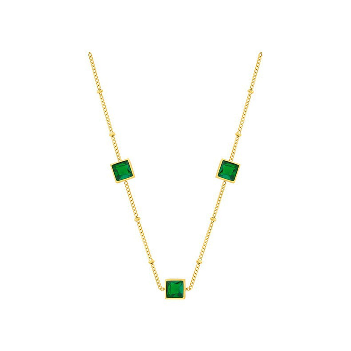 Green Crystal and 18K Gold-Plated Square Station Necklace, gold pendant necklace for women, elegant gift for her, front view