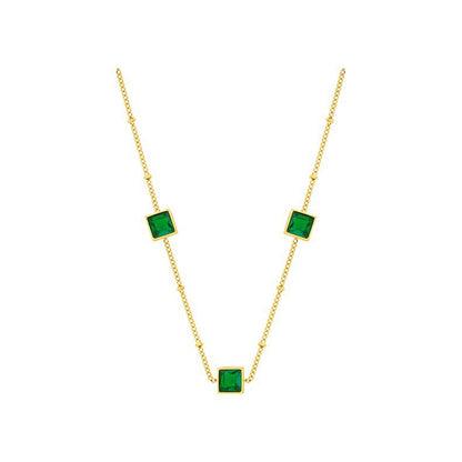 Green Crystal and 18K Gold-Plated Square Station Necklace, gold pendant necklace for women, elegant gift for her, front view