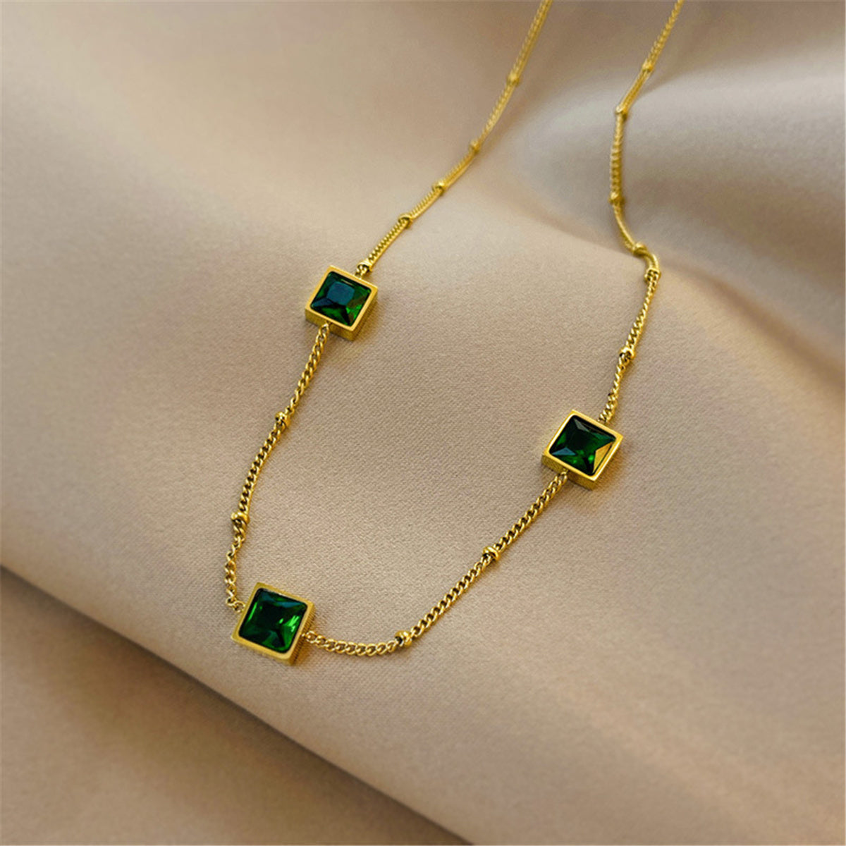 Green Crystal and 18K Gold-Plated Square Station Necklace, gold pendant necklace for women, lifestyle look