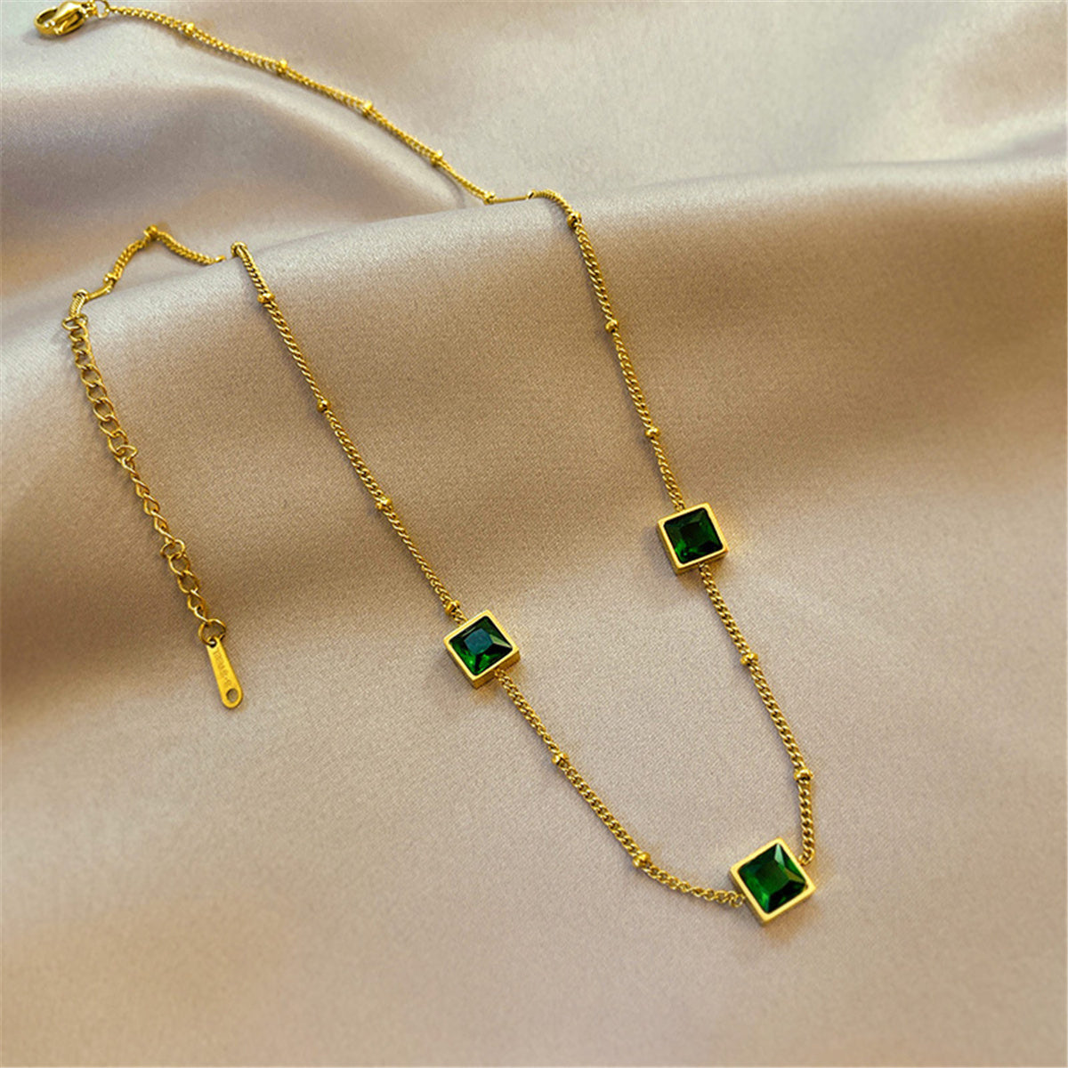 Green Crystal and 18K Gold-Plated Square Station Necklace, gold pendant necklace for women, elegant gift for her, styled look