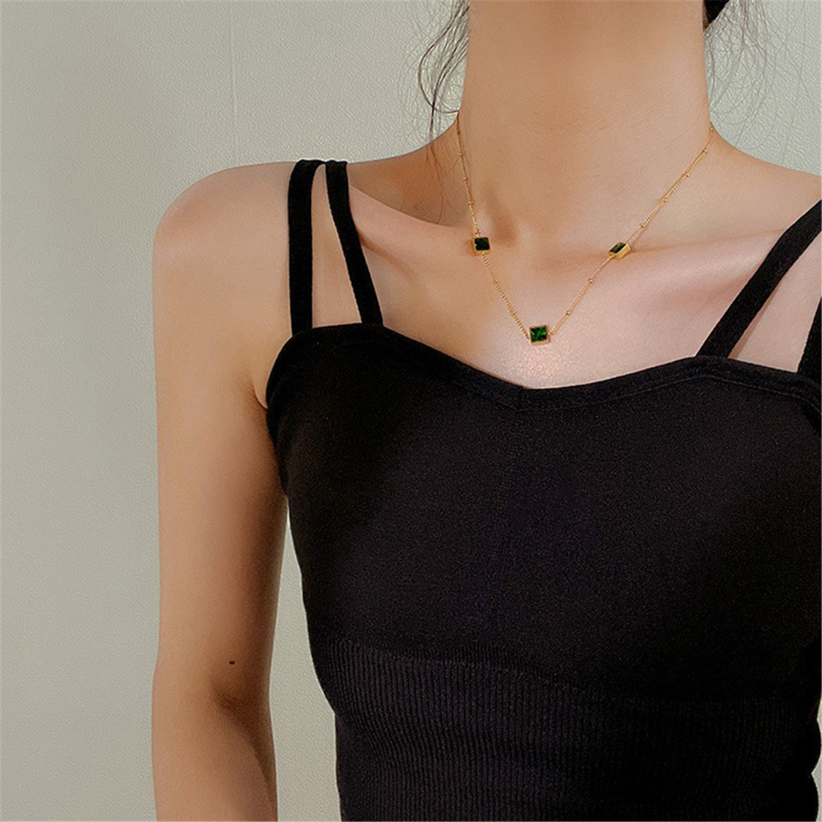 Green Crystal and 18K Gold-Plated Square Station Necklace, gold pendant necklace for women, elegant gift for her, side view