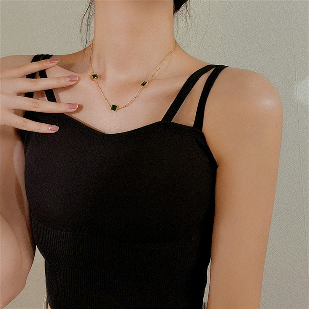 Green Crystal and 18K Gold-Plated Square Station Necklace, gold pendant necklace for women, detail close-up