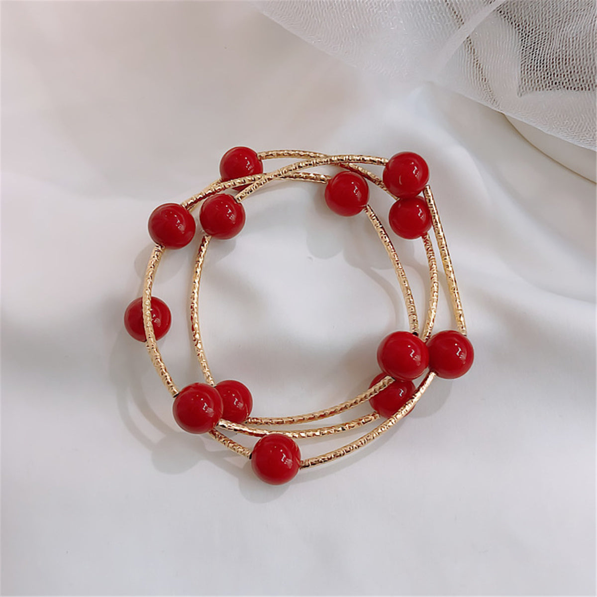 Red Pearl and 18K Gold-Plated Ball Station Bracelet, gold bracelet for women, botanical inspired, front view