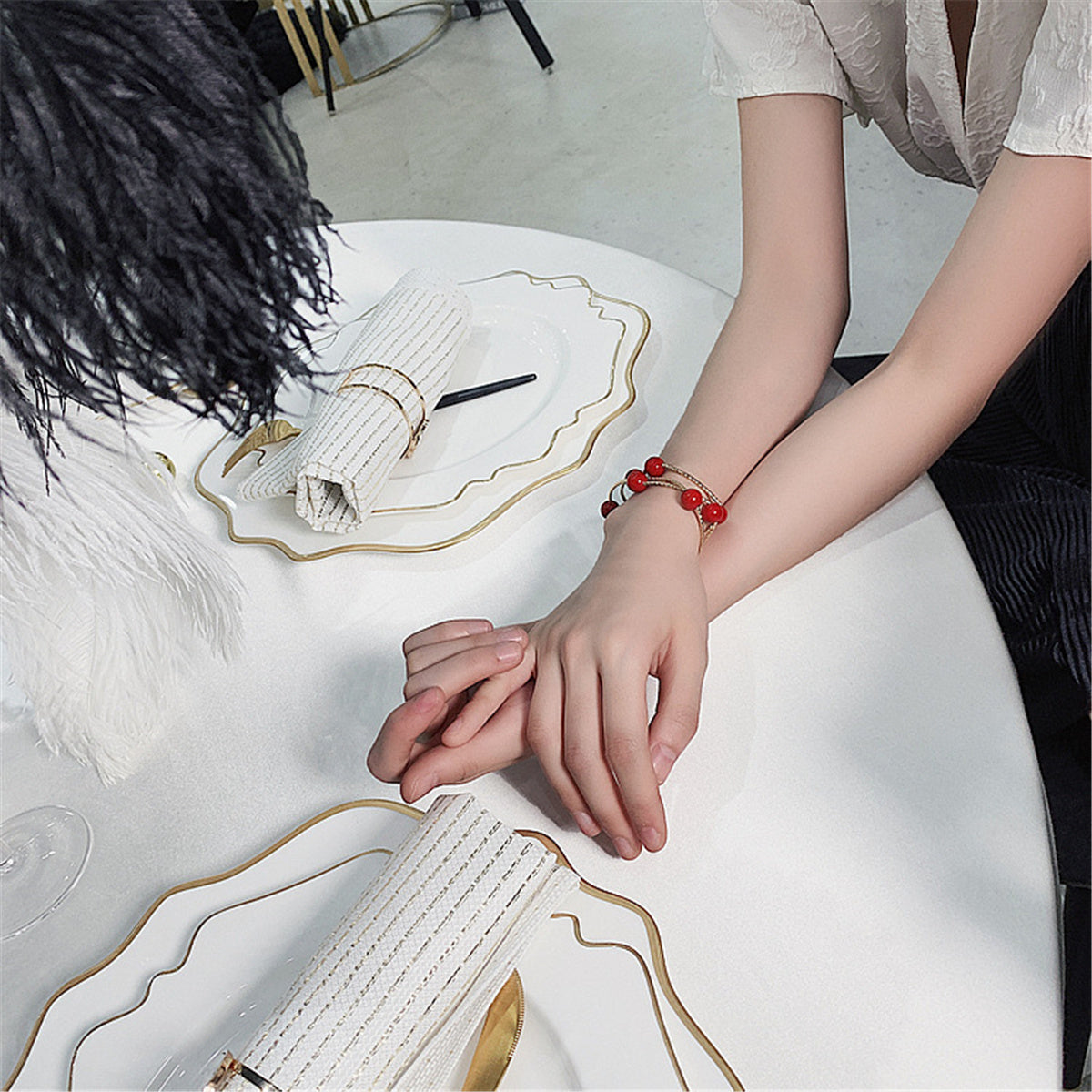 Red Pearl and 18K Gold-Plated Ball Station Bracelet, gold bracelet for women, botanical inspired, side view