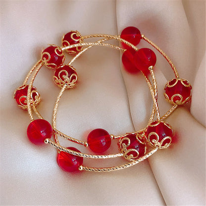 Red Acrylic and 18K Gold-Plated Floral Ball Station Bracelet, gold bracelet for women, elegant gift for her, detail close-up