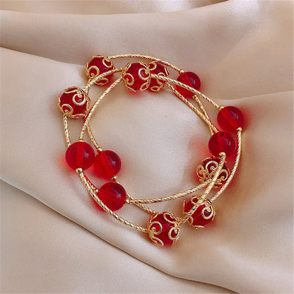 Red Acrylic and 18K Gold-Plated Floral Ball Station Bracelet, gold bracelet for women, elegant gift for her, lifestyle look