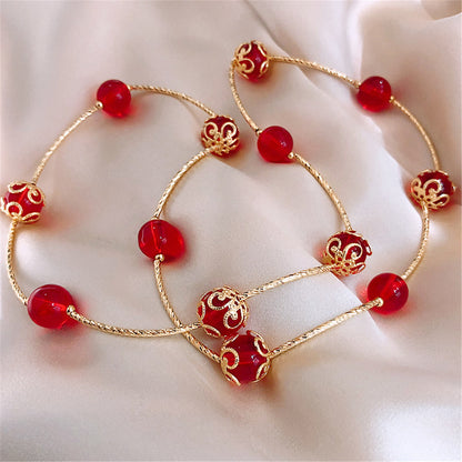 Red Acrylic and 18K Gold-Plated Floral Ball Station Bracelet, gold bracelet for women, elegant gift for her, styled look