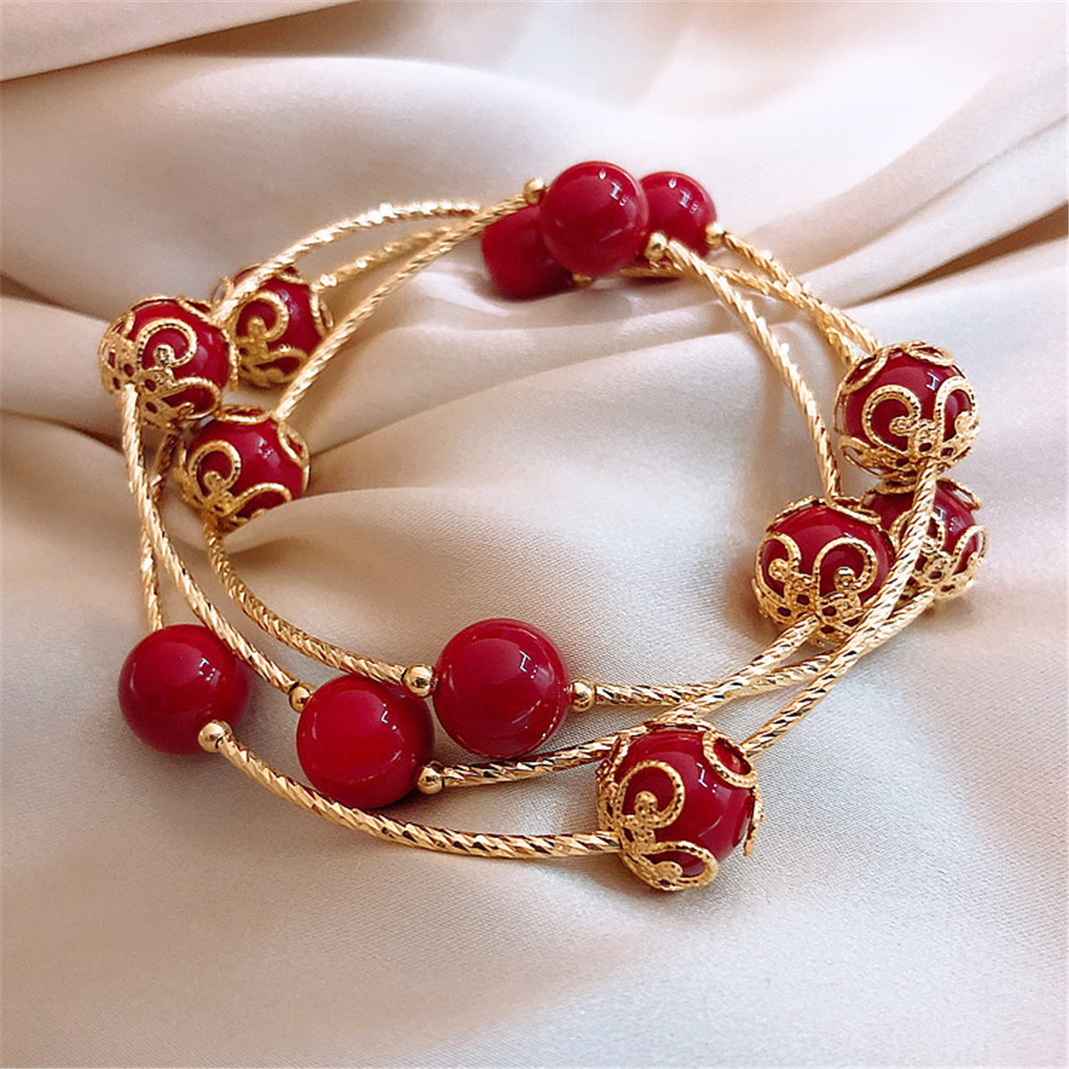 Red Pearl and 18K Gold-Plated Floral Ball Station Bracelet, gold bracelet for women, everyday style, side view