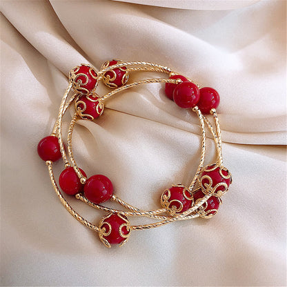 Red Pearl and 18K Gold-Plated Floral Ball Station Bracelet, gold bracelet for women, everyday style, front view
