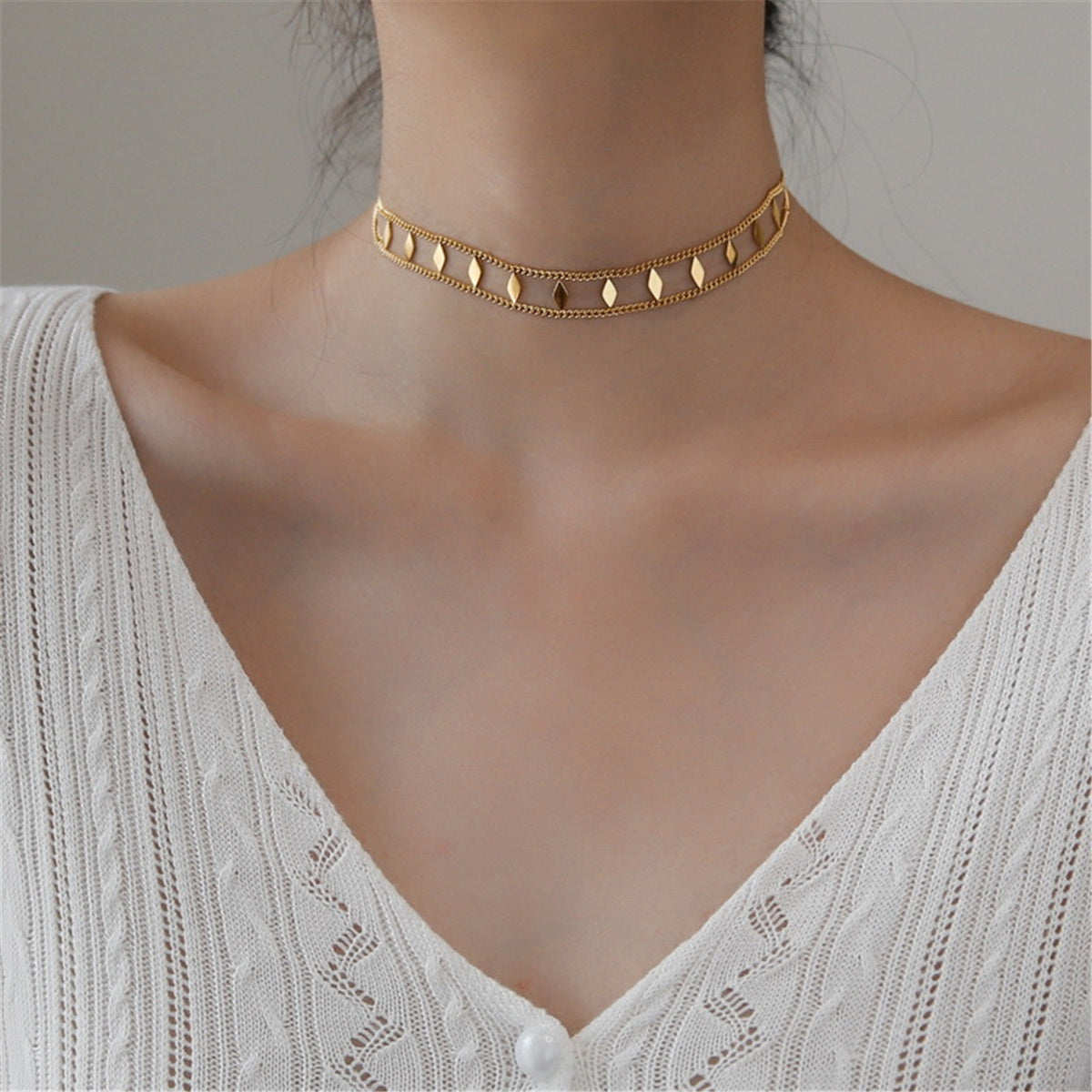 18K Gold-Plated Twine Chain Rhombus Layered Choker Necklace, gold pendant necklace for women, botanical inspired, front view