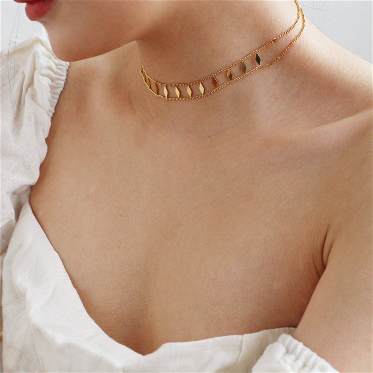 18K Gold-Plated Twine Chain Rhombus Layered Choker Necklace, gold pendant necklace for women, botanical inspired, side view