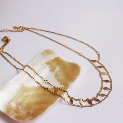 18K Gold-Plated Twine Chain Rhombus Layered Choker Necklace, gold pendant necklace for women, botanical inspired, styled look