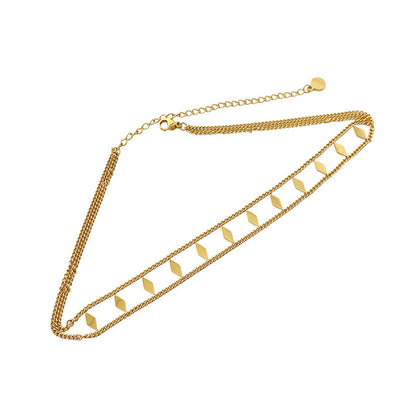18K Gold-Plated Twine Chain Rhombus Layered Choker Necklace, gold pendant necklace for women, detail close-up