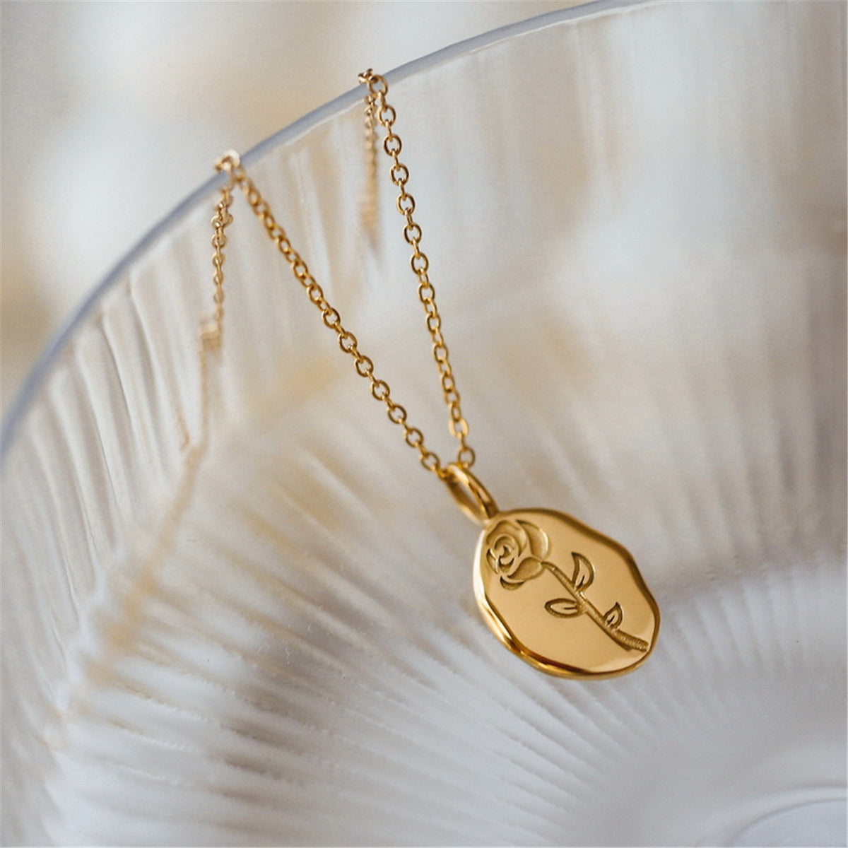18K Gold-Plated Rose Oval Pendant Necklace, gold pendant necklace for women, botanical inspired, front view