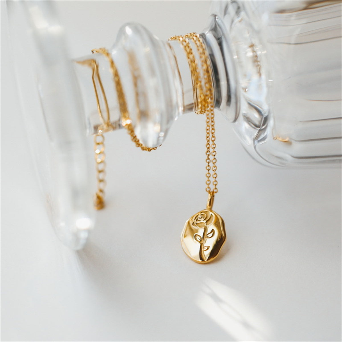 18K Gold-Plated Rose Oval Pendant Necklace, gold pendant necklace for women, botanical inspired, lifestyle look