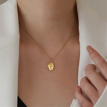 18K Gold-Plated Rose Oval Pendant Necklace, gold pendant necklace for women, botanical inspired, detail close-up