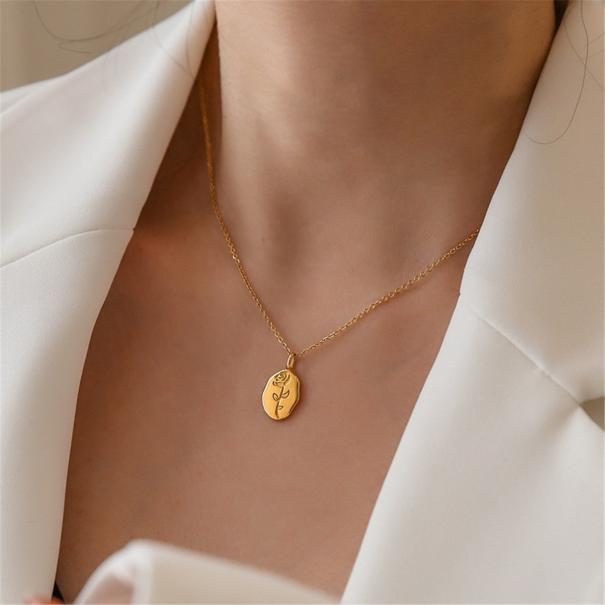 18K Gold-Plated Rose Oval Pendant Necklace, gold pendant necklace for women, botanical inspired, side view