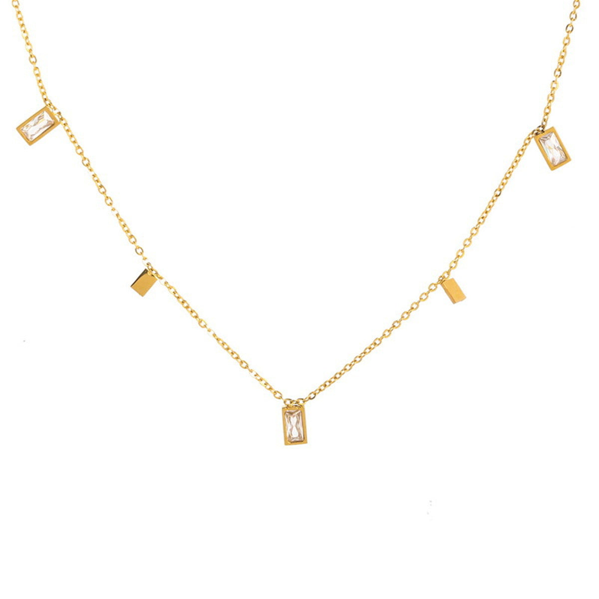 Crystal and 18K Gold-Plated Rectangle Station Necklace, gold pendant necklace for women, botanical inspired, front view