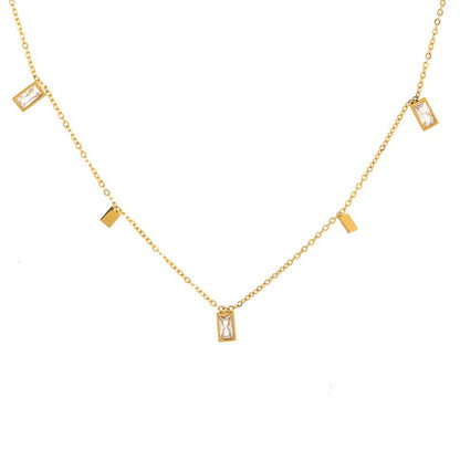 Crystal and 18K Gold-Plated Rectangle Station Necklace, gold pendant necklace for women, botanical inspired, front view