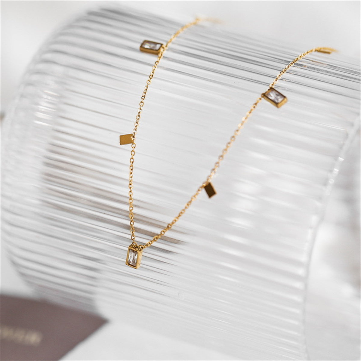 Crystal and 18K Gold-Plated Rectangle Station Necklace, gold pendant necklace for women, botanical inspired, detail close-up
