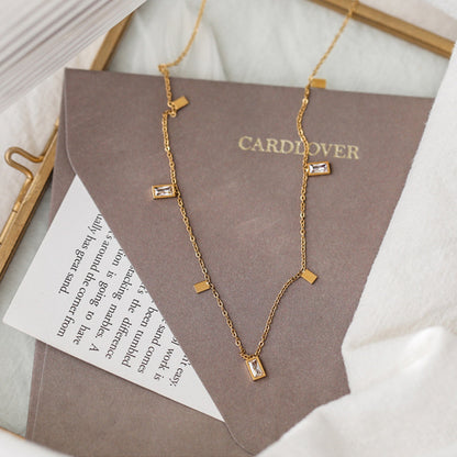 Crystal and 18K Gold-Plated Rectangle Station Necklace, gold pendant necklace for women, botanical inspired, lifestyle look