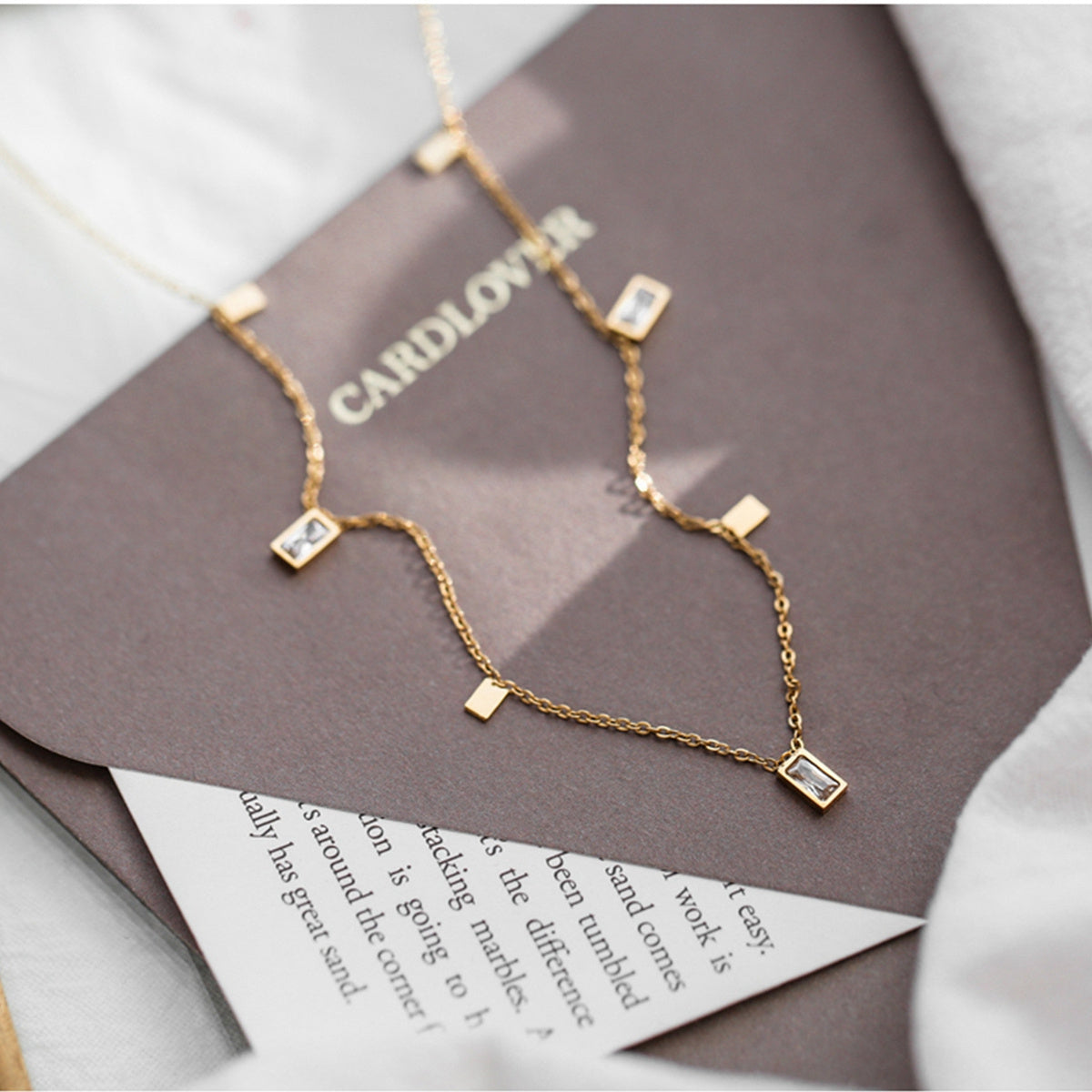 Crystal and 18K Gold-Plated Rectangle Station Necklace, gold pendant necklace for women, botanical inspired, styled look