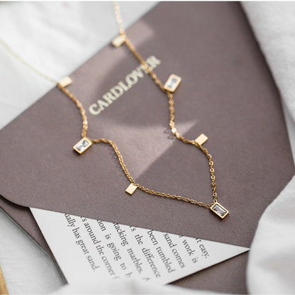 Crystal and 18K Gold-Plated Rectangle Station Necklace, gold pendant necklace for women, botanical inspired, styled look