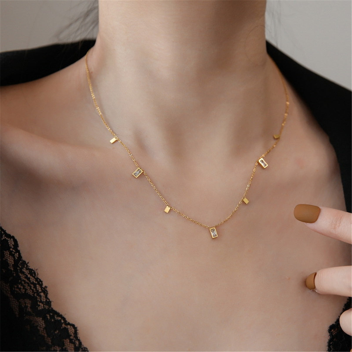Crystal and 18K Gold-Plated Rectangle Station Necklace, gold pendant necklace for women, botanical inspired, side view