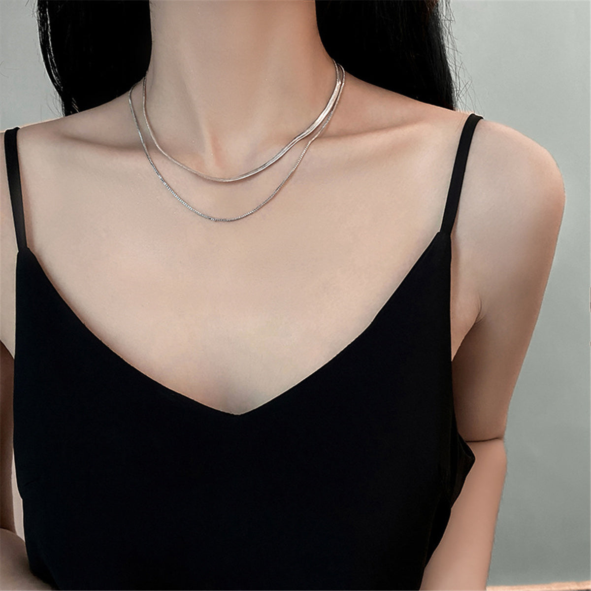 Silver-Plated Snake Chain Layered Necklace, silver pendant necklace for women, vintage-inspired design, front view