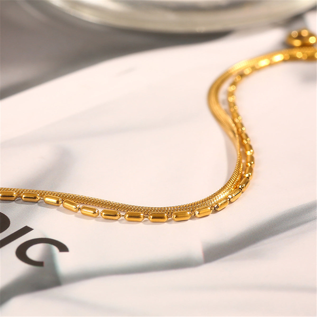 18K Gold-Plated Snake Chain Layered Bracelet, gold bracelet for women, botanical inspired, detail close-up