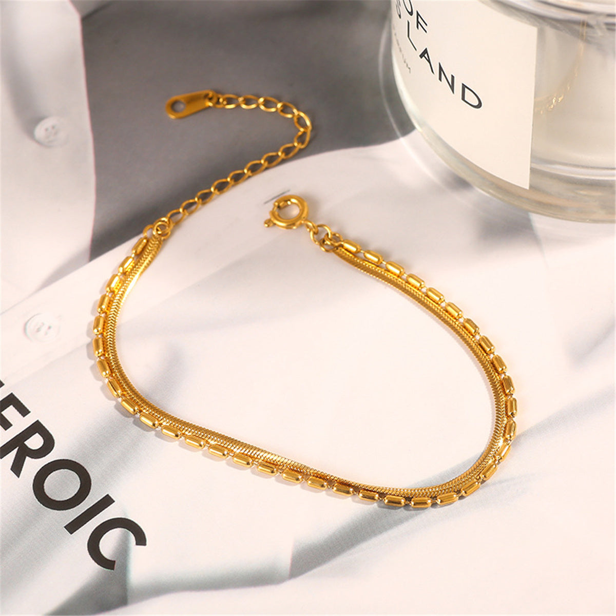 18K Gold-Plated Snake Chain Layered Bracelet, gold bracelet for women, botanical inspired, side view