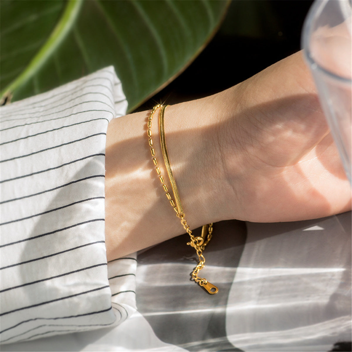 18K Gold-Plated Snake Chain Layered Bracelet, gold bracelet for women, botanical inspired, styled look