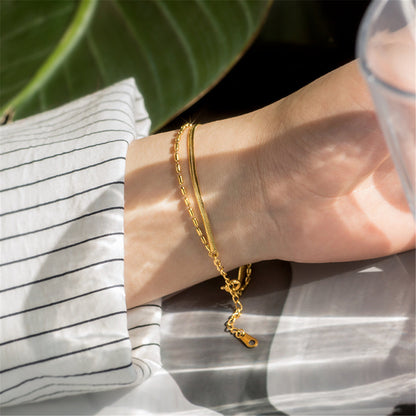18K Gold-Plated Snake Chain Layered Bracelet, gold bracelet for women, botanical inspired, styled look