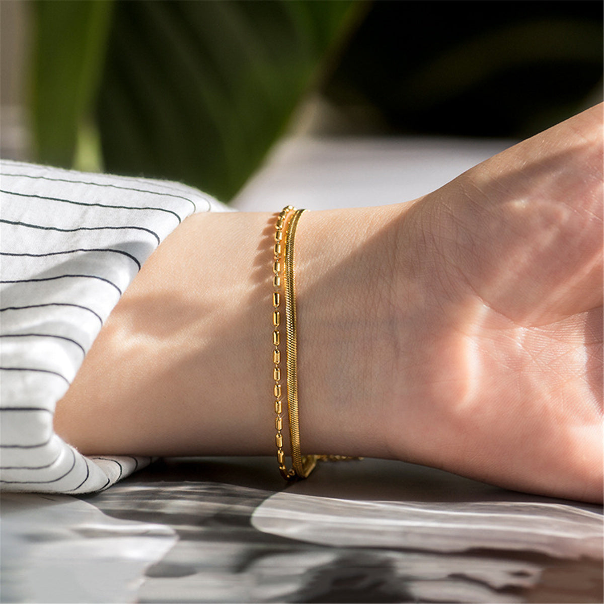 18K Gold-Plated Snake Chain Layered Bracelet, gold bracelet for women, botanical inspired, lifestyle look
