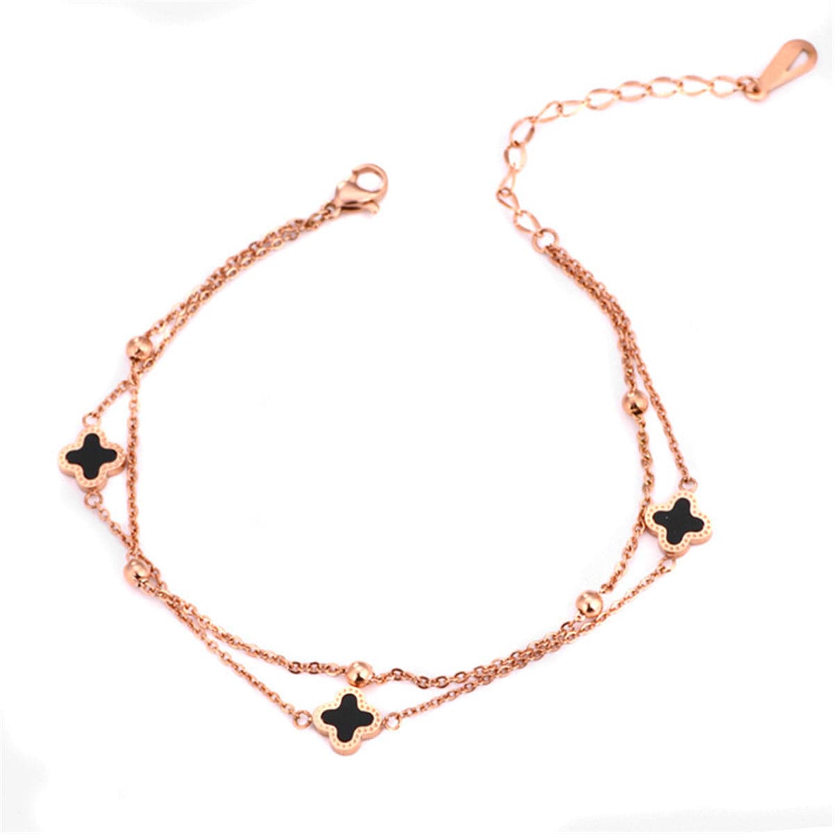 Black Enamel and 18K Rose Gold-Plated Clover Station Layered Anklet, rose gold anklet bracelet, front view