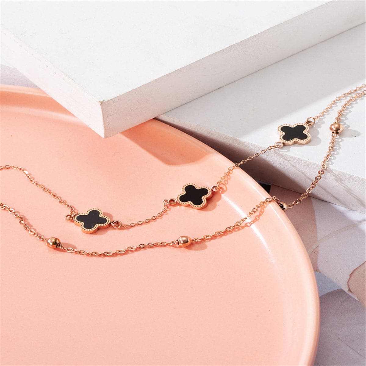 Black Enamel and 18K Rose Gold-Plated Clover Station Layered Anklet, rose gold anklet bracelet, side view