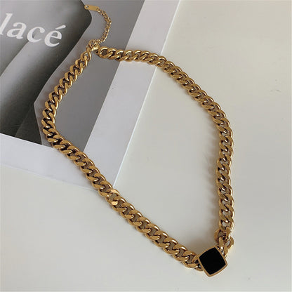Black Enamel and 18K Gold-Plated Square Pendant Necklace, gold pendant necklace for women, everyday style, front view