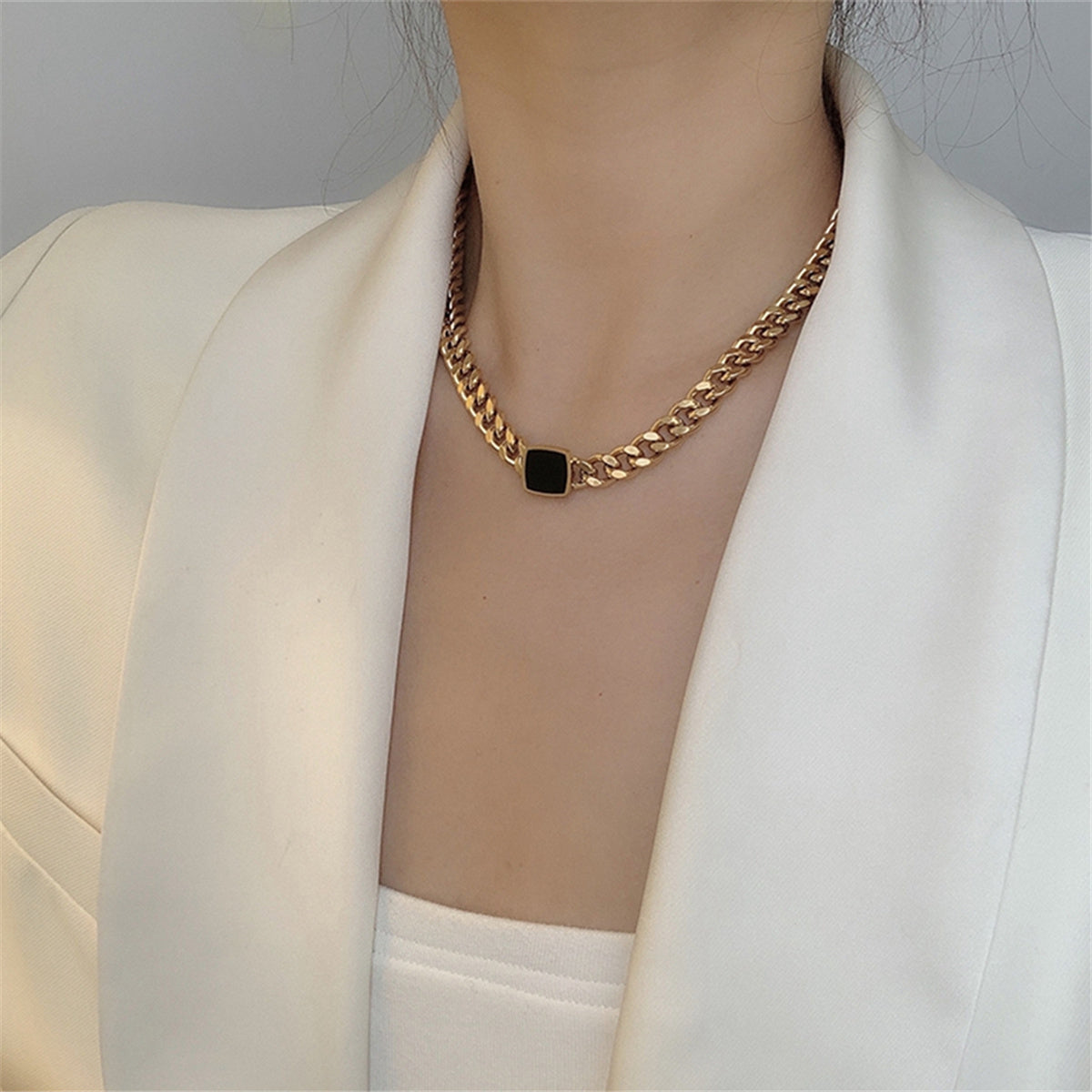 Black Enamel and 18K Gold-Plated Square Pendant Necklace, gold pendant necklace for women, everyday style, detail close-up