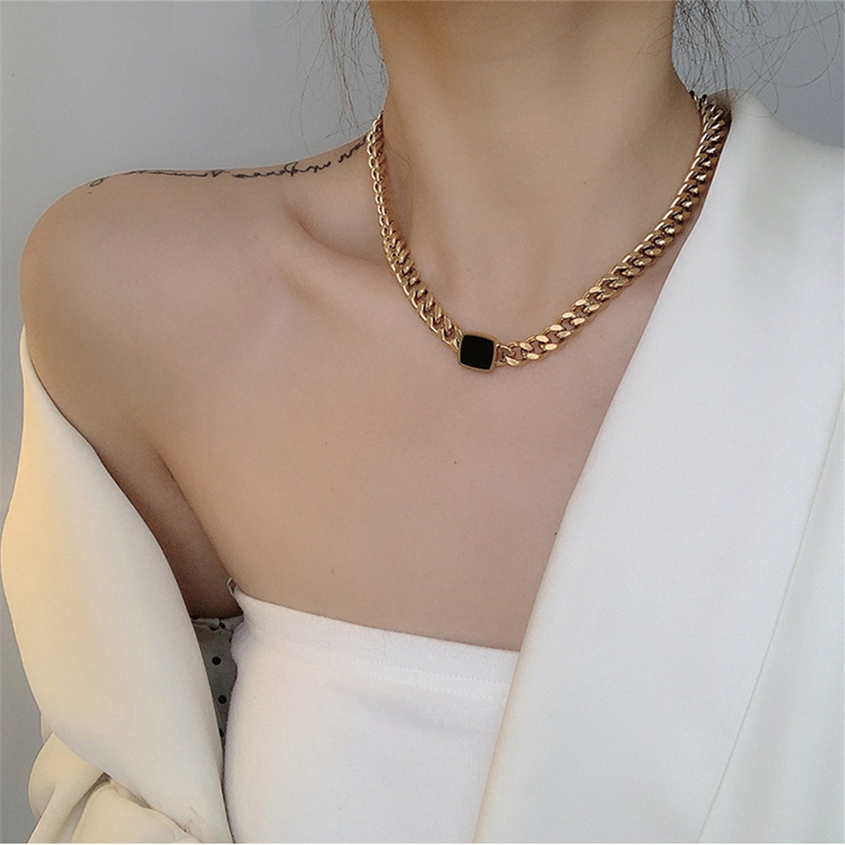 Black Enamel and 18K Gold-Plated Square Pendant Necklace, gold pendant necklace for women, everyday style, side view