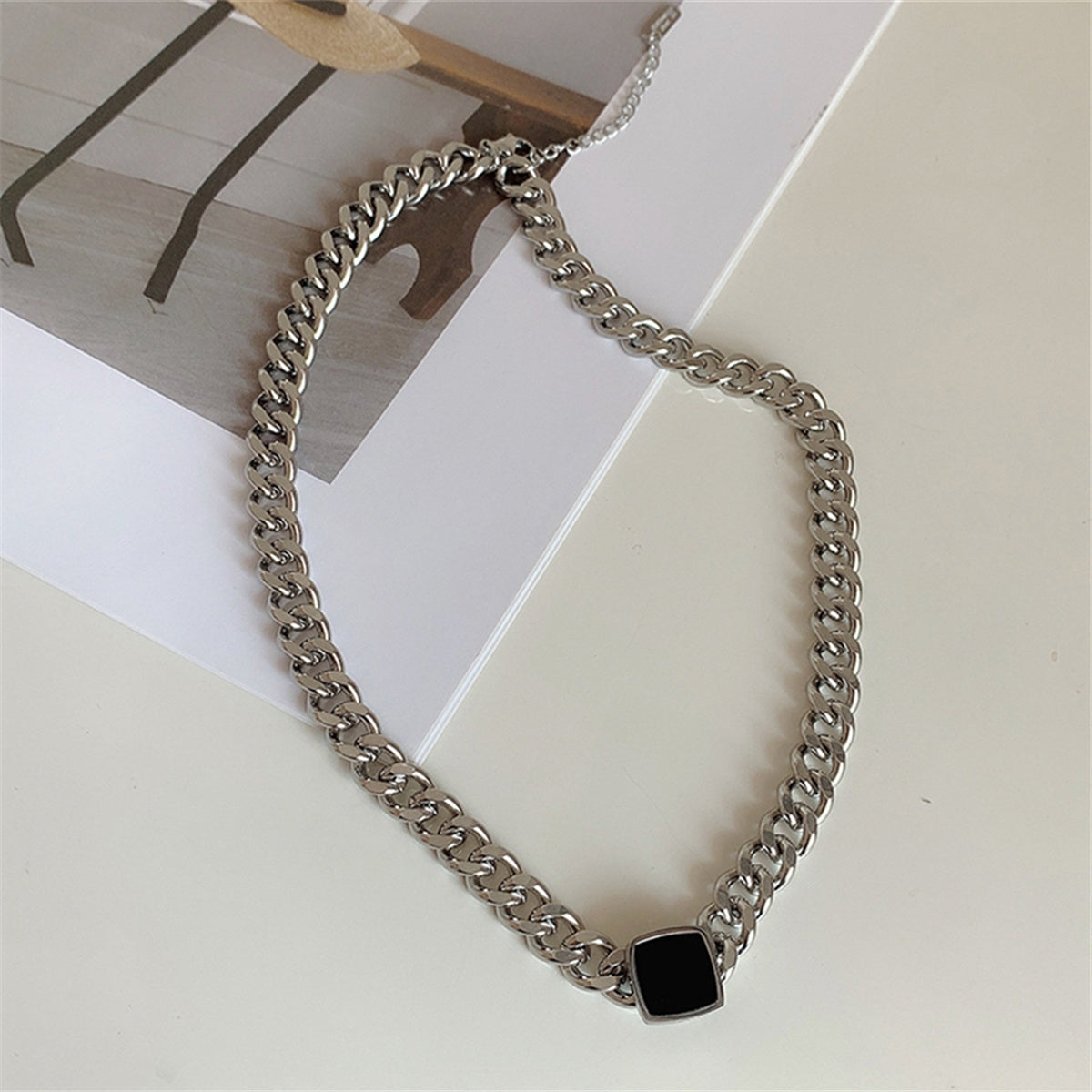 Black and Stainless Steel Square Pendant Necklace, stainless steel pendant necklace for women, front view